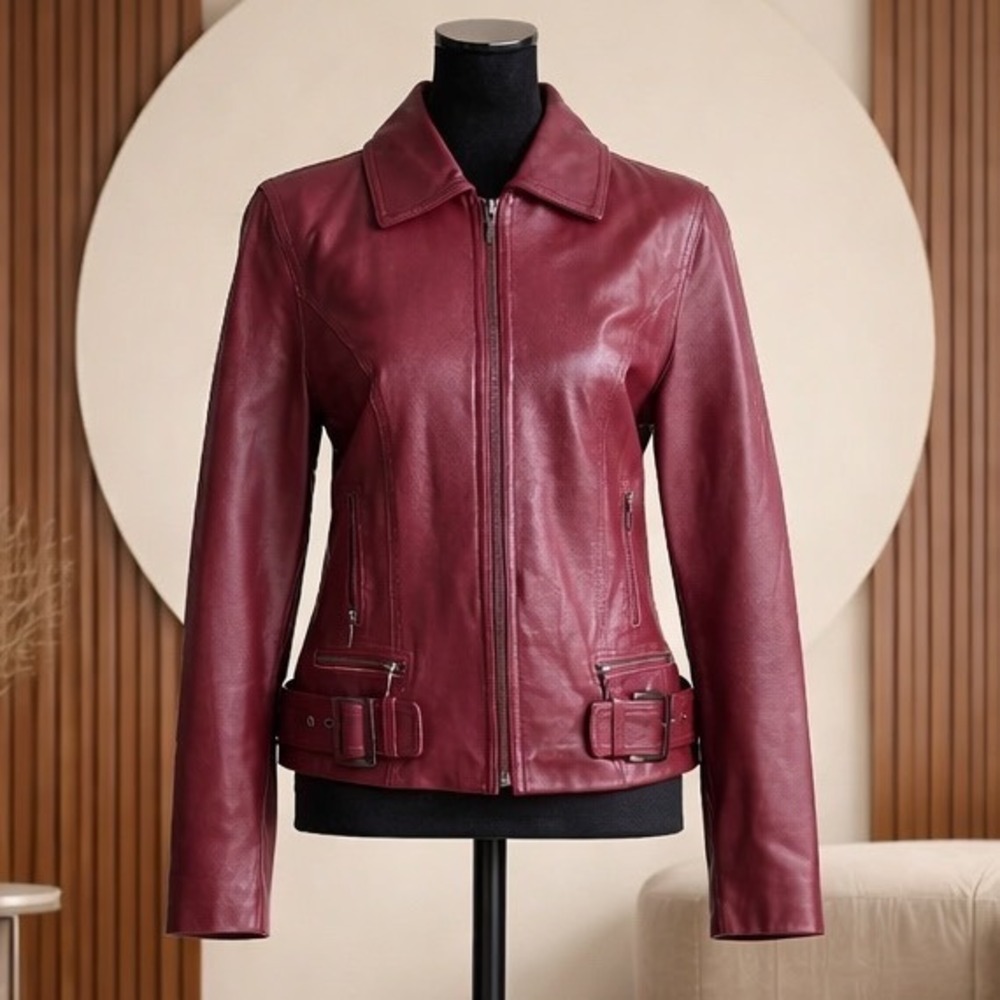 i.e. Womens Burgundy Genuine Soft Leather Feminine Moto Jacket Wine Red Size S